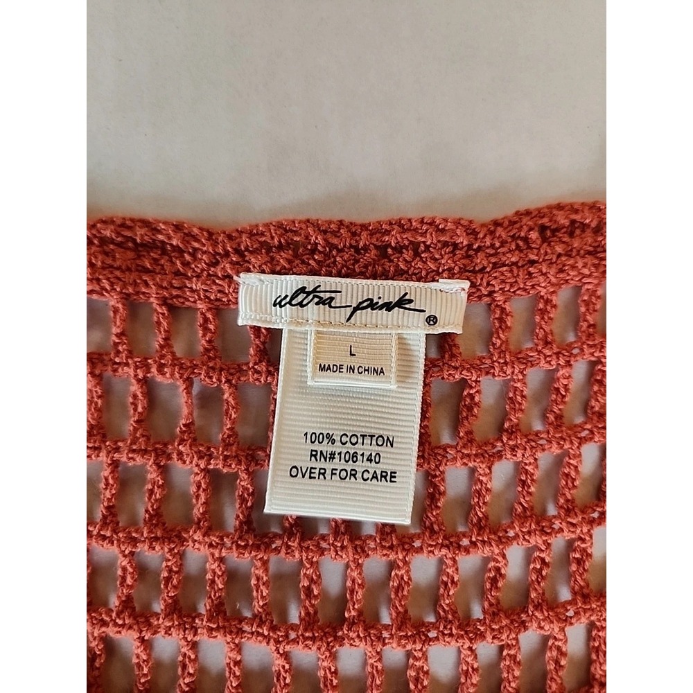Ultra Pink Womens Crochet Top L Orange Open Knit Layering Boho Festival Cottage - Picture 6 of 9